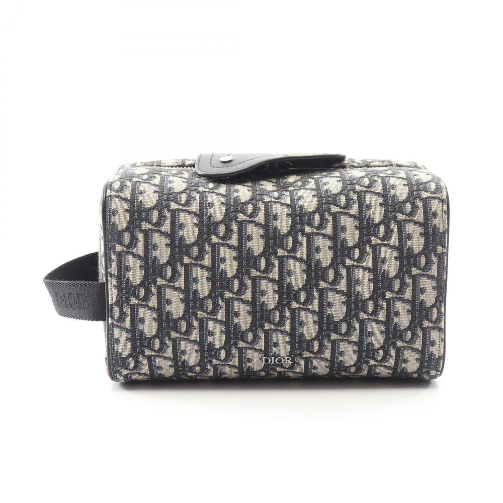 Christian Dior Lango Oblique Jacquard Pouch Canvas Leather Ivory White Black